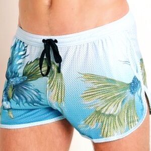 Men’s Japanese Skull & Bones Blu Fighting Fish Mesh Shorts Limited Edition L NWT